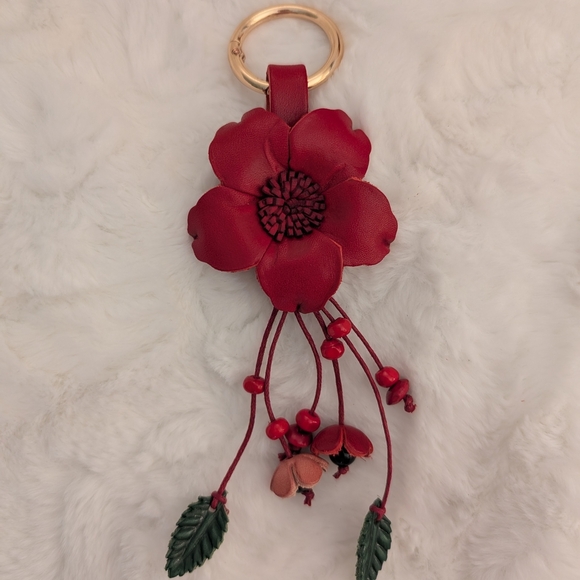 Accessories - Red Leather Floral Leaf Bag Charm Keychain Accessory